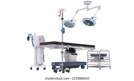 Set of mobile operating table isolated on white background.Medical car,Lamps and medical equipment.3d rendering.