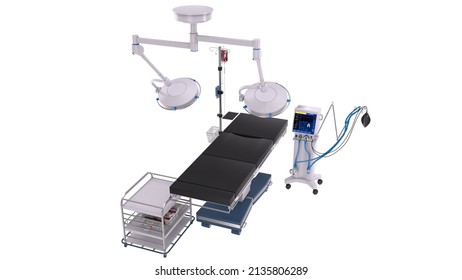 Set Of Mobile Operating Table Isolated On White Background.Medical Car,Lamps And Medical Equipment.View From Above.3d Rendering.