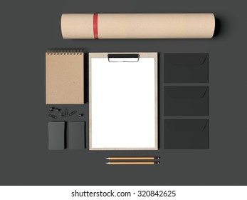 Set of mockup elements on the black background. 3d render