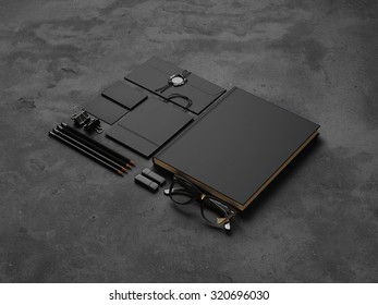 Set of mockup elements on the concrete background. 3d render
