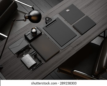 Set of mockup elements on the wood table. 3d render