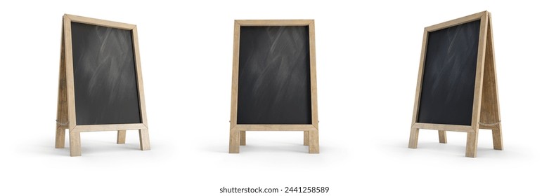 Set of mockup menu blackboard isolated on white background with clipping path included. Blank board for menu announcement. 3D render. 3D illustration.
