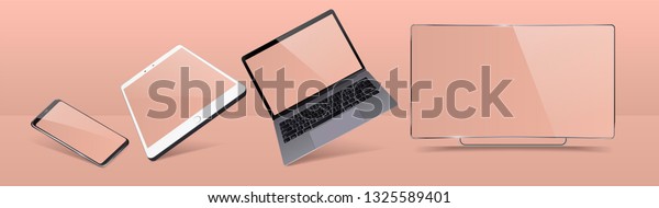 Set Mock-up of realistic devices. Smartphone, tablet,\
laptop, TV. 3D vector illustration  collection gadgets, Mockups to\
showcase your  