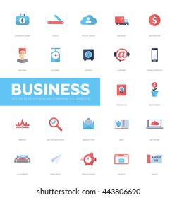 Set Of Modern Business Infographics Flat Design Icons, Web Elements. Support, Social Media, Diversification, Seo, Info, Service, E-learning, Motivation, Investment