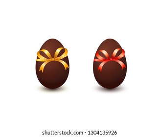 Set of modern chocolate easter eggs with bow isolated on white background
