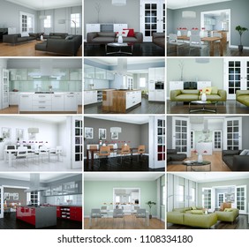Set of modern flat Interior design 3d Rendering