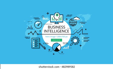 Set of modern illustration concepts of business intelligence. Line flat design hero banners for websites and apps with call to action button, ready to use
