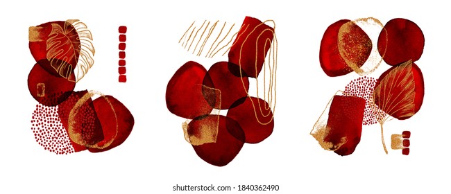 Set Of Modern Illustration Of Watercolor Stains, Gold Lines, Alcohol Ink, Brush Strokes. Red Transparent Wine Circles For Wall Pictures, Logo, Covers Isolated On White Background.