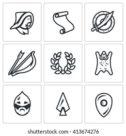 Set Of Mongol Tatar Yoke Icons. Asian, Decree, Shield, Sword, Bow And Arrow, Glory,  Horde, Russian Warrior, Spear. The Conquest Of Russia Tatar-Mongol Khanate. Isolated Symbols On A White Background