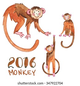 Set Monkey Painted In Watercolor