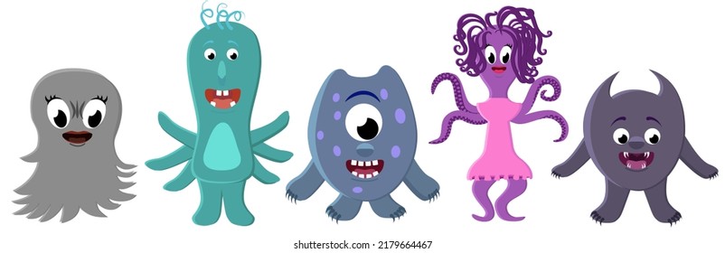  Set Of Monsters. Fictional Drawn Cartoon Characters.