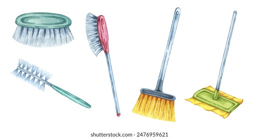 Set of mop, broom and various dusting and scrubbing brushes. Watercolor illustration of cleaning utensils for bathroom, kitchen, home. Clipart for housekeeping, janitorial service, sticker, flyer