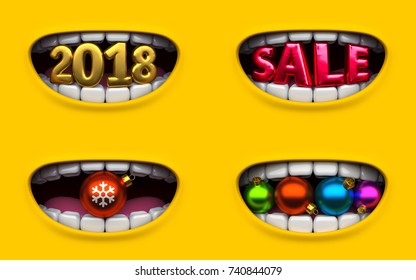 Set Mouth of character on a yellow background. Mimicry face of a cartoon minion. Children's poster with Christmas and Happy New Year 2018. Poster 3d render.