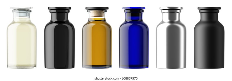 Set of multi-colored glass bottles isolated on white background. Oil, cosmetics, perfume, medicament. Small bottle. 3D rendering mock up for your design. 