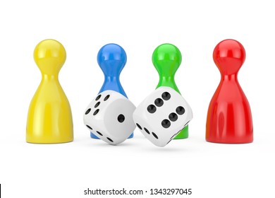 Set Of Multicolour Board Game Pawn Figures Mockup With White Game Dice Cubes On A White Background. 3d Rendering 