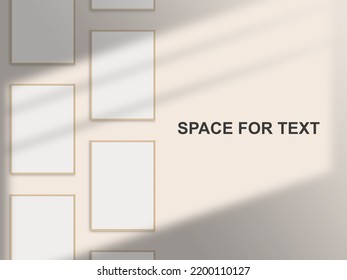 Set Of Multiple Realistic Photo Frames Mockup. Portrait A4 Wooden Frame Mockup On The Wall With Light Window Shadow Overlay Effect. Simple, Modern Gallery Frames Mockup. Blank Space For Text