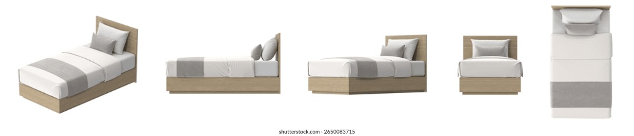 Set of multiple views of a modern single bed including top, side, front, and isometric angles, isolated. 3D render collection.