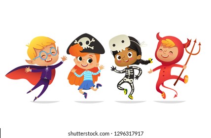 Set of Multiracial Boys and Girls, wearing Halloween costumes isolated on white background. Cartoon  characters of Kid witch, pirate, Dracula, devil, skeleton, mummy, for party, web, mascot - Powered by Shutterstock