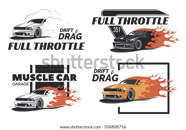 Set\
of muscle logo, badges and emblems isolated on white background.\
Service car repair, car restoration and car club design elements.\
T-shirt design. American muscle car for\
printing.\
