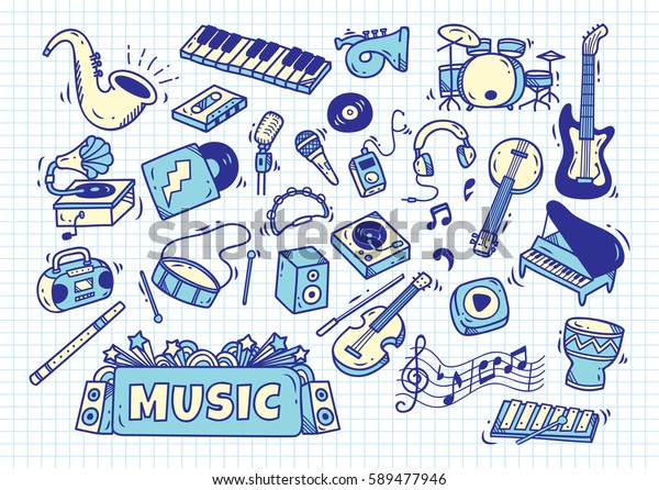 Set Music Instrument Doodle Style On Stock Illustration 589477946 ...