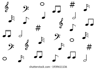 Set Of Music Notes. Black Silhouette Isolated On White Background. Illustration Black And White Pattern For Background.