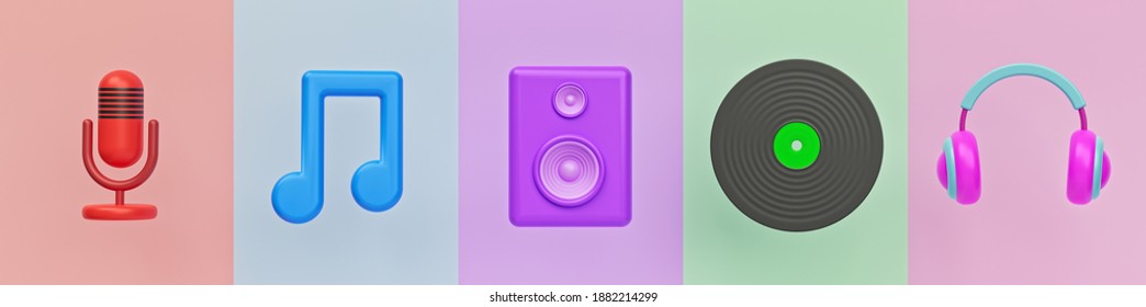 Set Of Music Related Icons. Microphone, Music Note, Sound Speaker, Vinyl Record And Headphone. Colorful Trendy Banner. 3d Rendering