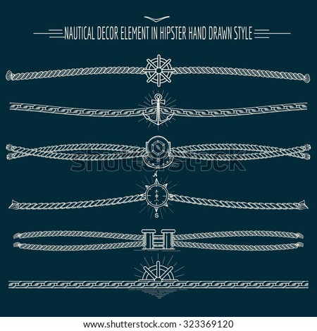 Set of nautical ropes and chains decor elements in hipster style. Hand drawn dividers and borders. Only free font used.
