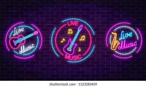 Set of neon live music symbols with circle frames. Three live music signs with guitar, saxophone, notes. - Powered by Shutterstock