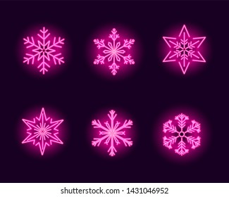 Set of neon snowflake icons on dark purple background. Christmas concept. Illustration.