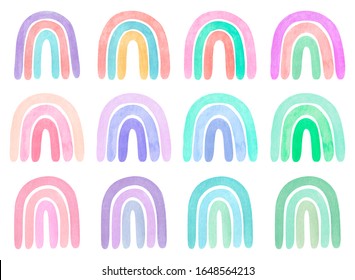 Set of neutral calm rainbows, in blue, green, pink colors