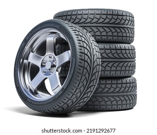 Set Of New Car Wheels. New Tires With Chrome Rims Isolated On White Background 3D