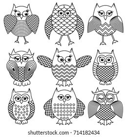 Cartoon Outline Owl Birds Set Colorless Stock Vector (Royalty Free ...