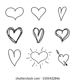Set Nine Hand Drawn Hearts  Handdrawn Rough Marker Icons  Black Drawings Isolated White Background 