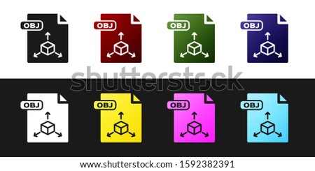 Set OBJ file document. Download obj button icon isolated on black and white background. OBJ file symbol.  