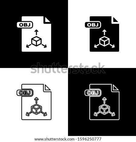 Set OBJ file document. Download obj button icon isolated on black and white background. OBJ file symbol.  