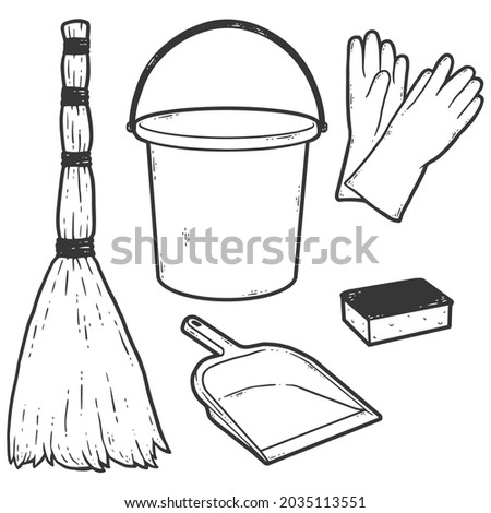 Set of objects for cleaning. Sketch scratch board imitation coloring.