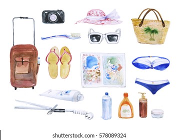 set of objects for travelling  at summer