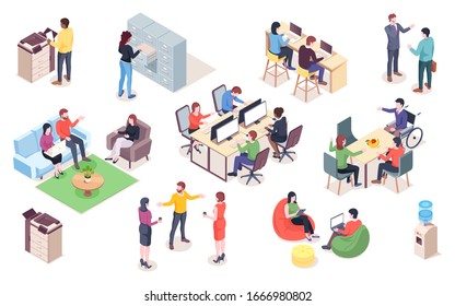 Set Of Office Elements With People. Isometric Coworking Or Open Space Elements For Infographic Or Business Icon For Meeting. Man And Woman Work At Workplace, Reception. Interior Design