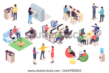 Set of office elements with people. Isometric coworking or open space elements for infographic or business icon for meeting. Man and woman work at workplace, reception. Interior design