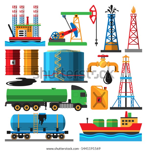 Set of oil industry production\
transportation extracting cartoon icons illustration. Energy\
processing platform. Petroleum industry technology\
design
