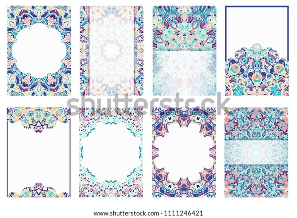 Set of old fairy tail flyer pages ornament\
illustration concept. Vintage art traditional, Islam, arabic,\
indian, ottoman motifs, elements. Decorative retro greeting card or\
invitation design