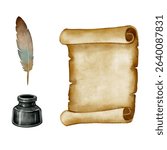 set of Old parchment scroll with inkwell and feather quill. Hand-painted drawing. Watercolor technique on white background. for fantasy themes, invitations, cards or historical illustration use