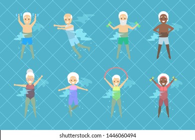 Set Of Old People Doing Exercise In Swimming Pool. Elderly Character Have An Active Lifestyle. Senior In Water. Isolated  Flat Illustration