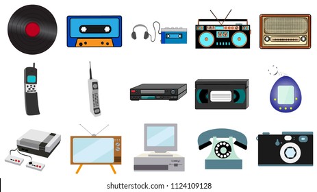 Set Of Old Retro Vintage Hipster Technology, Electronics Music Vinyl, Audio And Video Cassette Tape Recorder TV Game Console Phone Camera And Player From The 80's, 90's. Illustration.