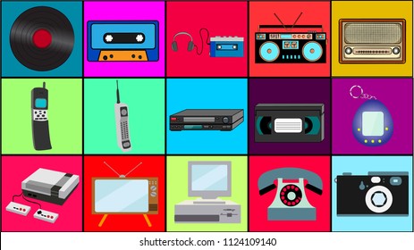 Set Of Old Retro Vintage Hipster Technology, Electronics Music Vinyl, Audio And Video Cassette Tape Recorder TV Game Console Phone Camera And Player From The 80's, 90's On Colorful Backgrounds.