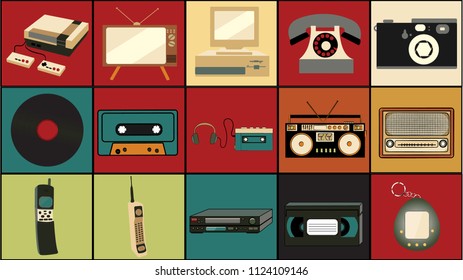 Set Of Old Retro Vintage Hipster Technology, Electronics Music Vinyl, Audio And Video Cassette Tape Recorder TV Game Console Phone Camera And Player From The 80's, 90's On Colorful Backgrounds. 