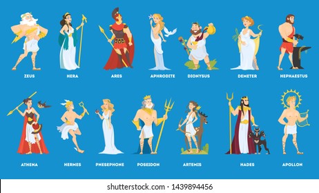 Set of Olympian greek gods and goddess. Hermes and Artemis, Poseidon and Demeter. flat illustration
