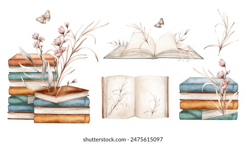 Set of open book and stack books with plants and butterfly. Watercolor illustration isolated on background. Books with a fabulous story and echinacea flower. Vintage old textbook hand drawn.