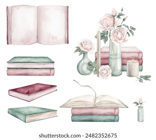 Set of open book and stack books with light pink rose in glass jar. Watercolor illustration isolated on background. Clipart vintage old textbook hand drawn in pink green blue color and beige candle.