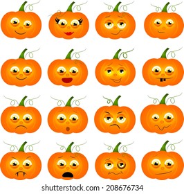 Set of orange pumpkins with different moods